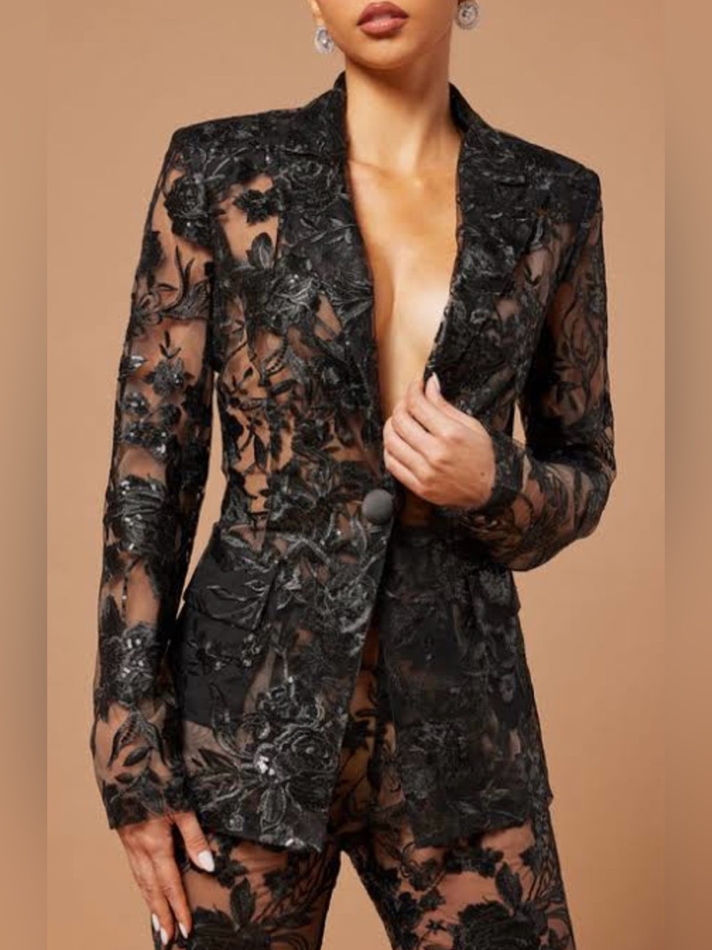 Fashion Nova Black Sheer Lace Sequin Blazer and Pant Set size Small